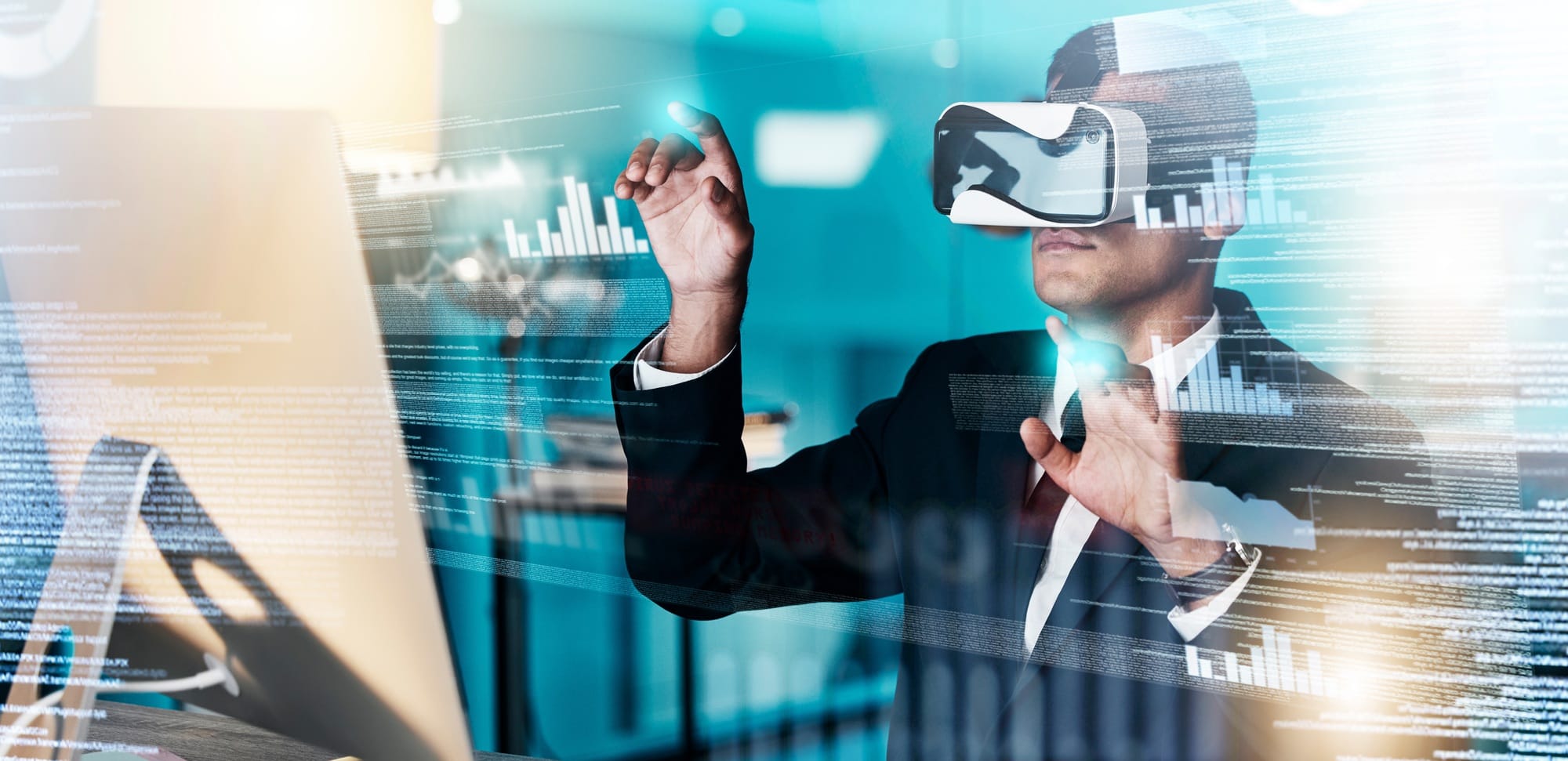 VR, businessman and web developer in cyber metaverse, seo coding and big data, digital transformati